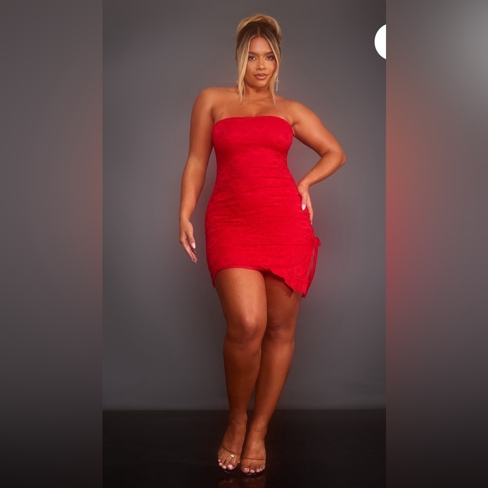 PrettyLittleThing Shape Bright Red Lace Ruched Side Mini Dress Size 6 NWT